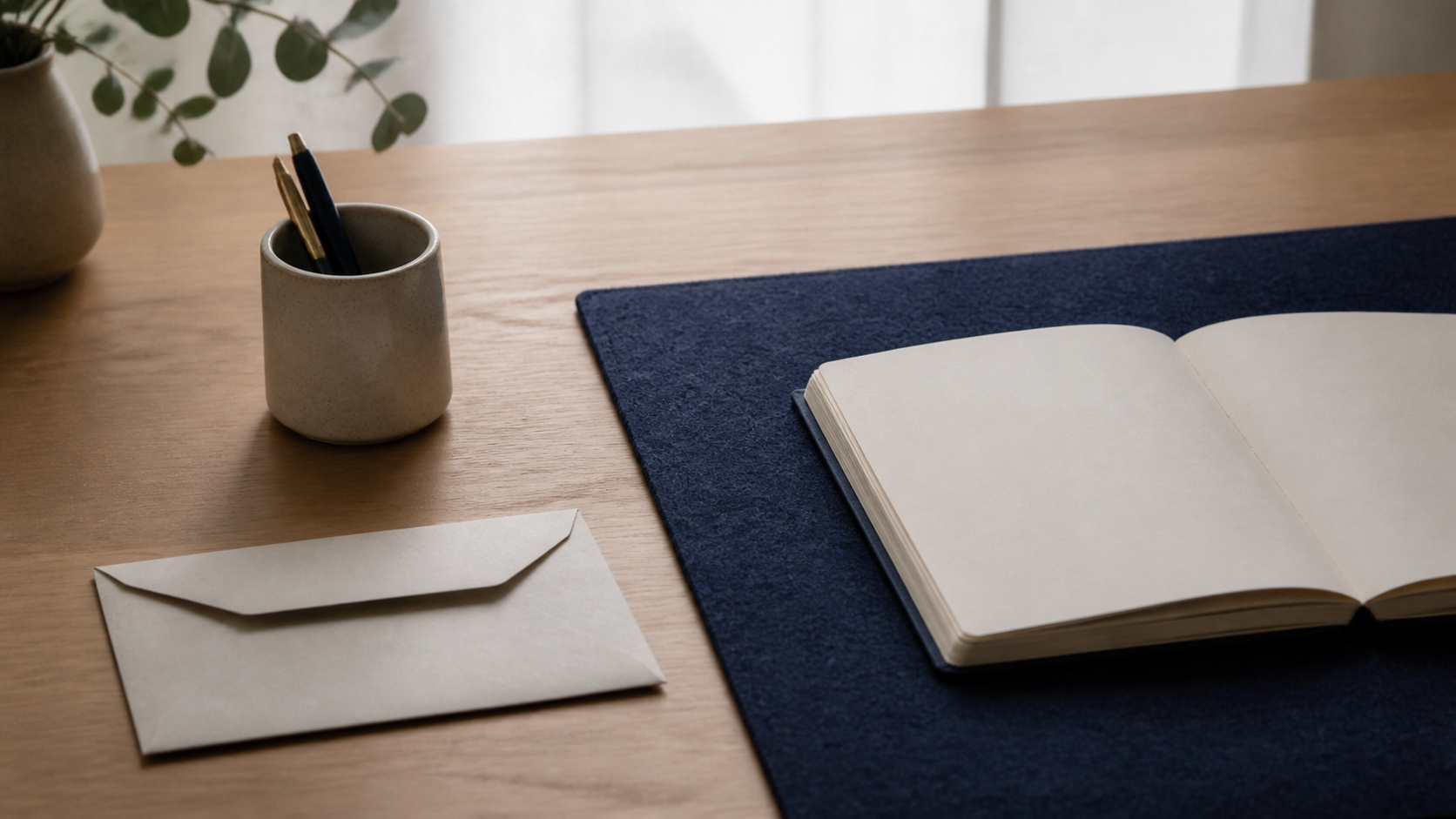 A plain envelope and ceramic pen holder on a textured wool mat, with realistic paper, wool and ceramic.