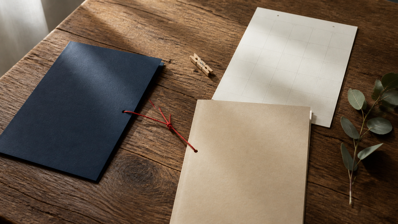 Two blank paper slips separated by red thread on weathered timber and plain paper, with realistic wood grain.