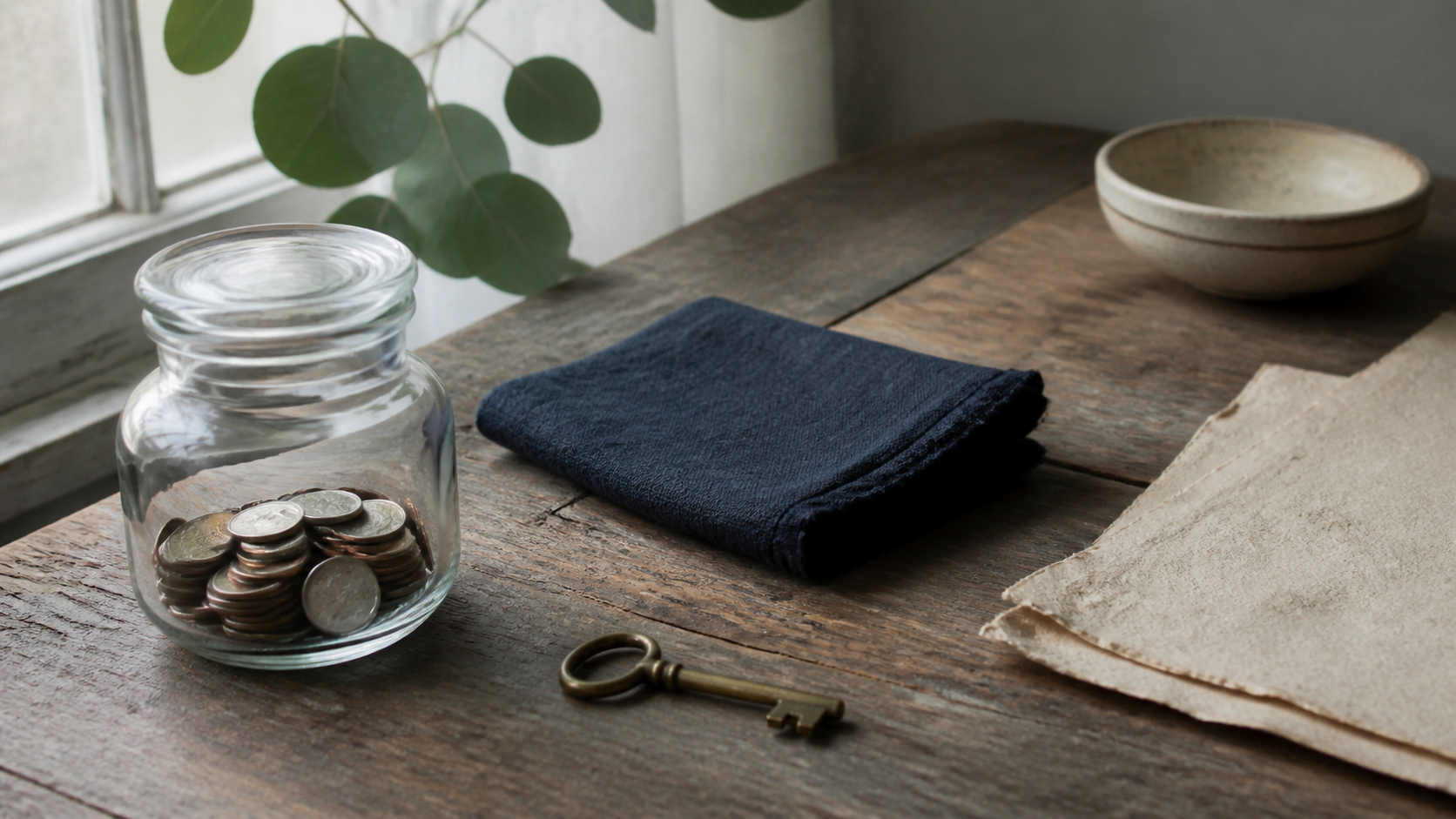A glass jar of coins and a folded linen wallet, with realistic glass, metal and paper texture.