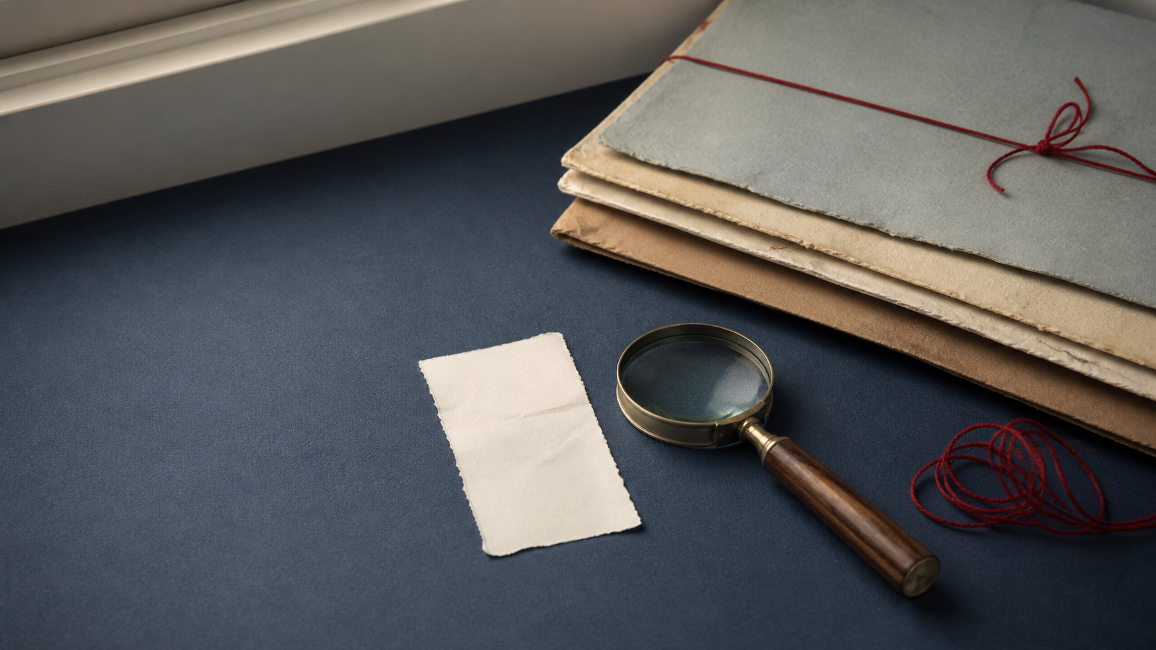 A plain receipt with no text, red thread and magnifying glass on handmade paper, with realistic fibres and glass.