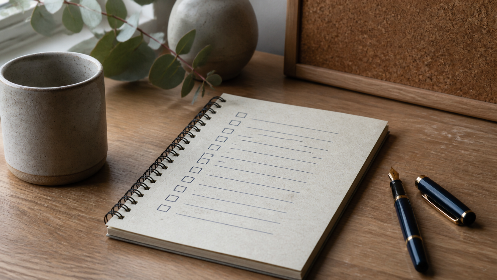 A handwritten fee checklist on tactile recycled paper, cork and timber.