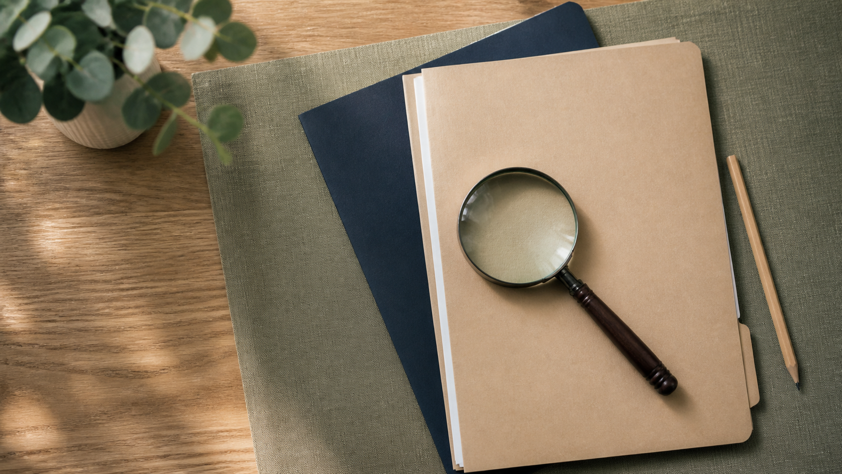 A magnifying glass and plain paper folders on textured linen, with realistic glass and paper.