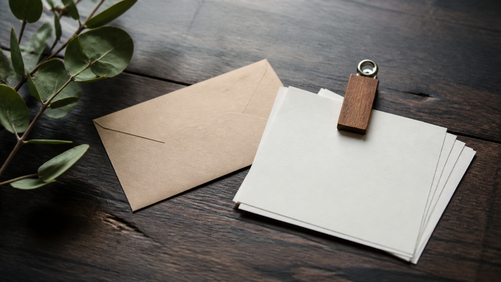 Blank paper slips gathered by a wooden clip on dark textured timber, with realistic paper and metal.