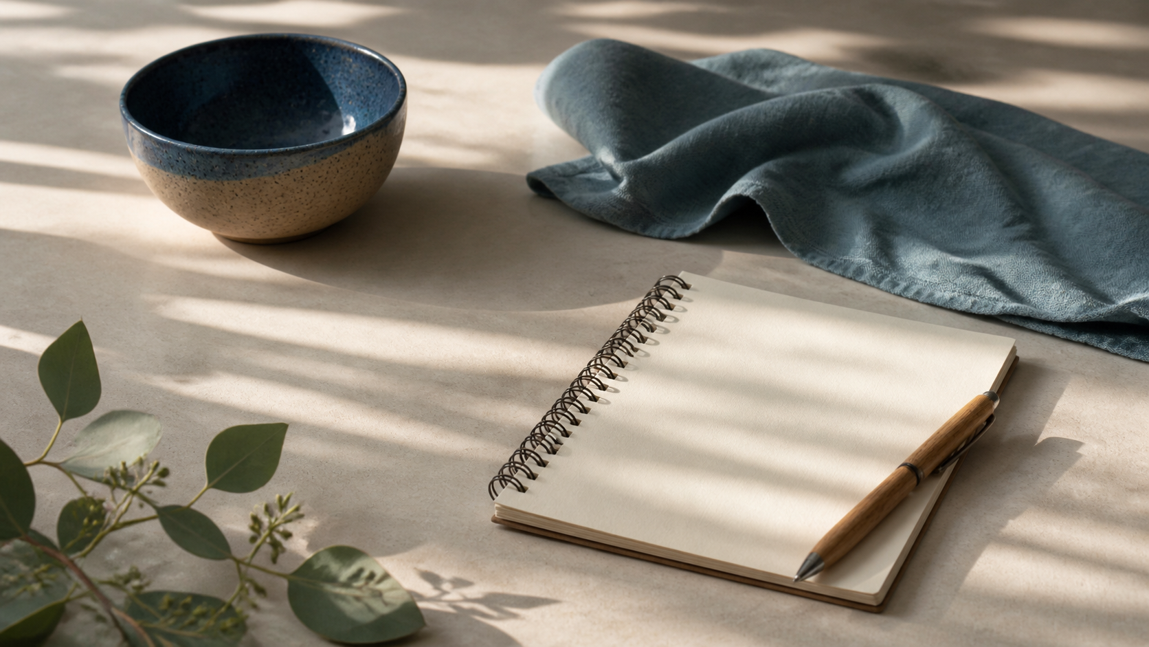 A ceramic bowl and plain paper checklist on woven cotton, with realistic ceramic, cotton and paper.