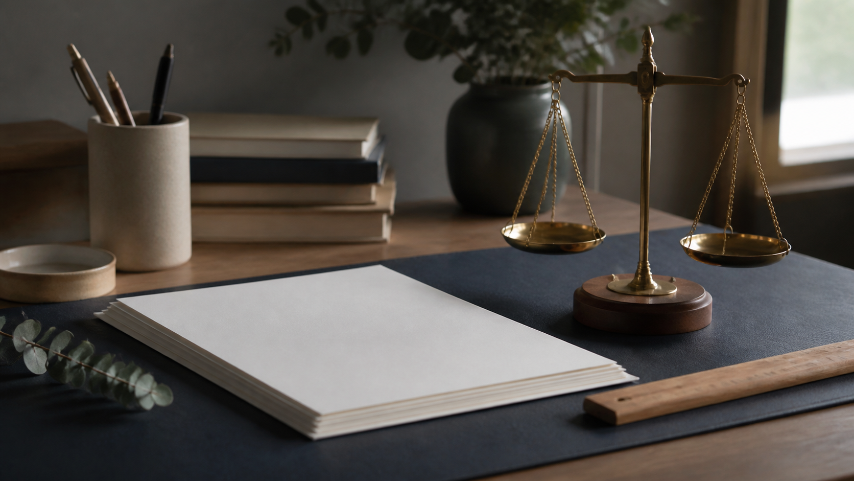 Blank currency-like sheets with no symbols beside a brass scale on textured wood, with realistic paper and brass.