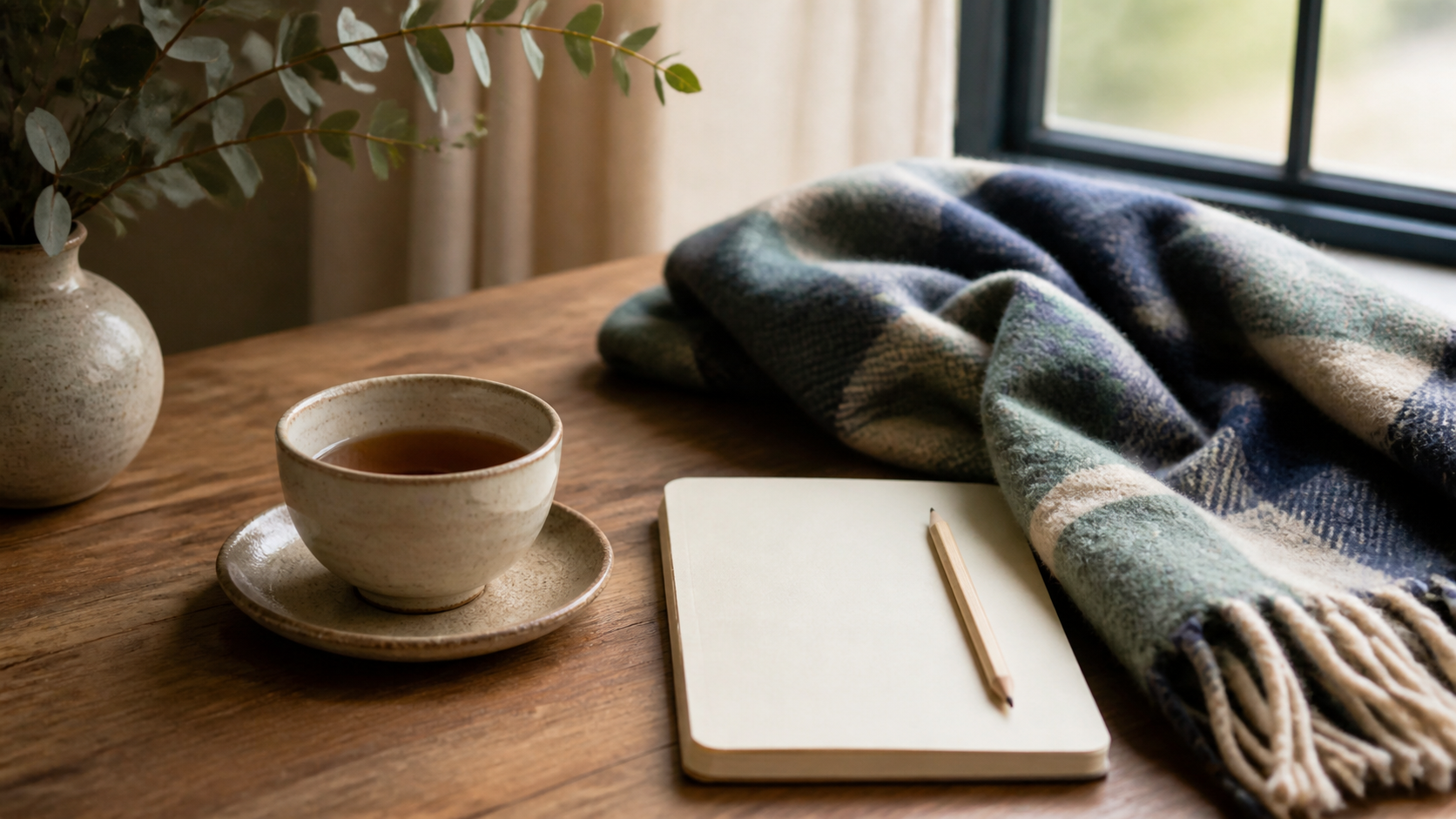 A cup of tea and notebook on a soft wool blanket, with authentic wool, ceramic and paper textures.