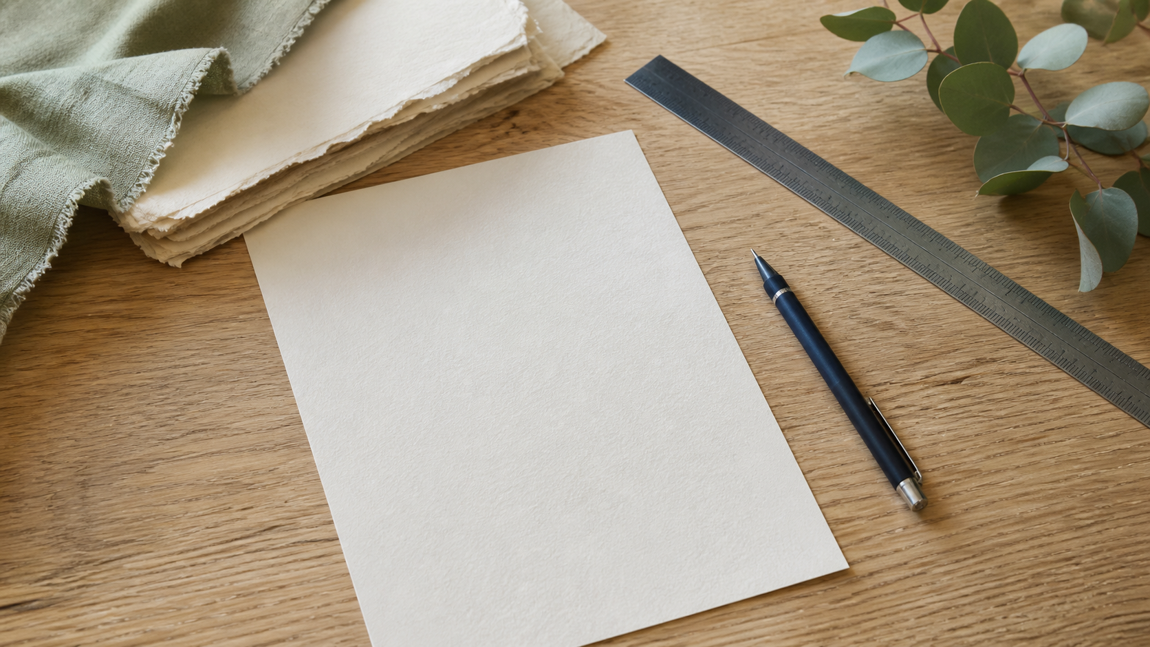A clean plain document sheet and ruler on rough paper, with realistic paper fibres and wood.