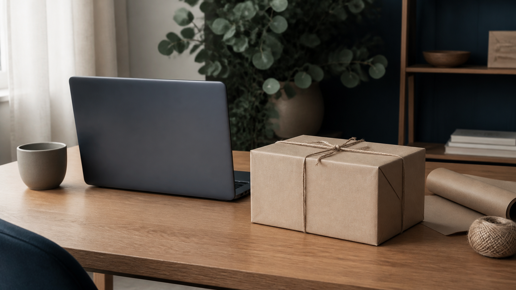 A closed laptop with blank screen and textured parcel paper on oak, with realistic cardboard and wood.