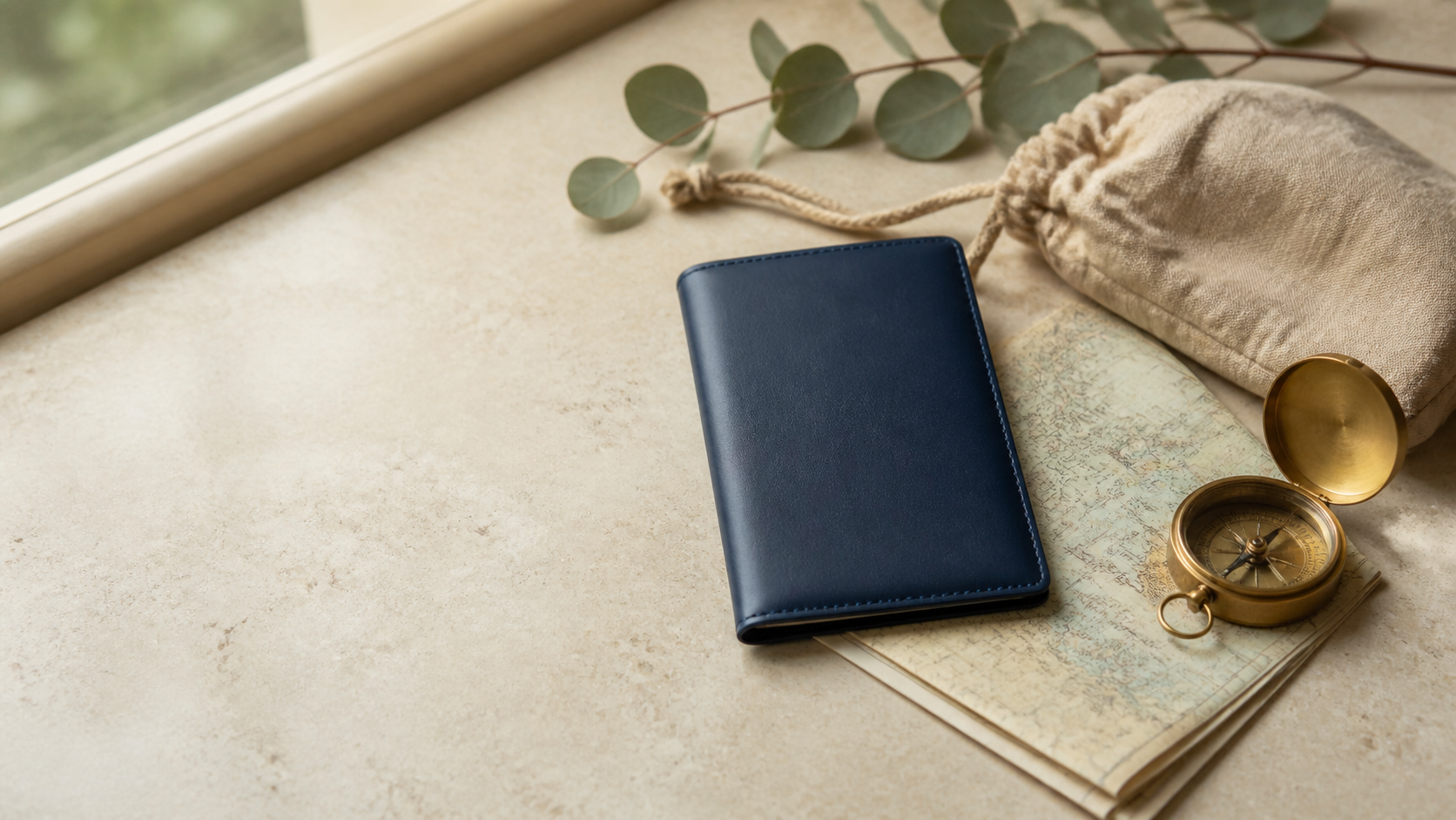 A blank passport cover and linen travel pouch, with realistic leather, linen and paper textures.