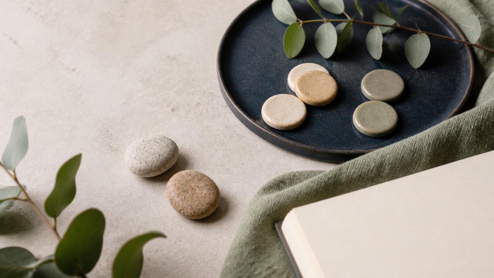 Ceramic tokens and notebook on woven eucalyptus-green fabric, with tactile ceramic, cotton and paper.